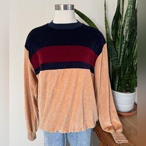 Vintage Sears Sportswear Velour Crewneck Sweatshirt Tan Navy Burgundy Stripes XL